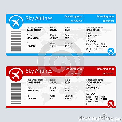 Plane ticket template. Airplane flight ticket blank. Boarding pass. Vector illustration Vector Illustration